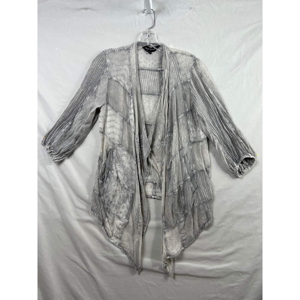 Young Threads Cardigan Womens Small Gray Patchwork Embroidered Open Front Boho